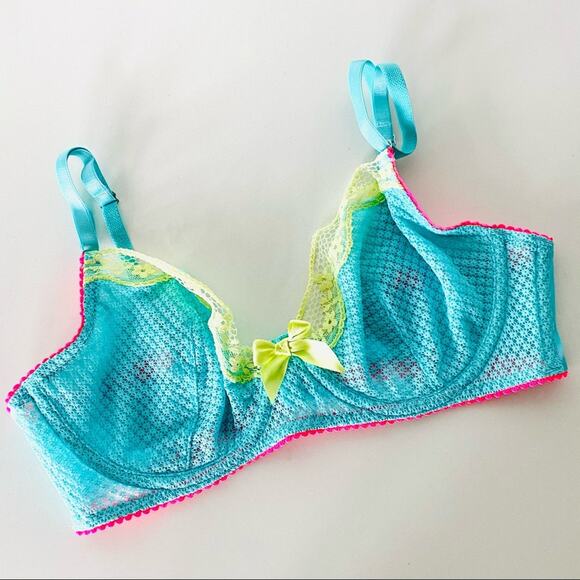 NEW VS VICTORIAS SECRET Blue Pink Yellow Sheer Mesh Lace Bow Underwire Bra 32D - Picture 1 of 5